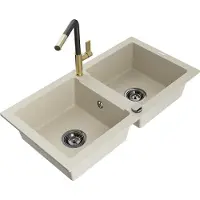 Mexen Mario granieten gootsteen 2-komorige met keukenmengkraan Flora, beige - 6504-69-670401-57-B