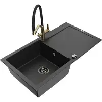 Mexen Leo granieten spoelbak 1-komorige met afdruiprek en keukenkraan Duo, zwart/zilveren metallic - 6501-73-671701-57-B