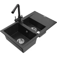 Mexen Gaspar granieten spoelbak 1,5-komor met afdruiprek en Duero keukenkraan, zwart/zilver - 6507-73-671600-70