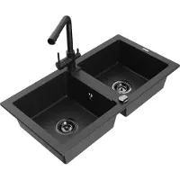 Mexen Mario granieten gootsteen 2-kamer met keukenmengkraan Duero, zwart/zilveren metallic - 6504-73-671600-70-B