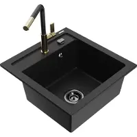 Mexen Vito granieten spoelbak 1-komor met keukenkraan Flora, zwart - 6503-77-670401-57-B