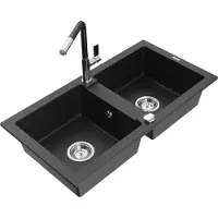 Mexen Mario granieten gootsteen 2-kamer met keukenmengkraan Flora, zwart/zilveren metallic - 6504-73-670401-07