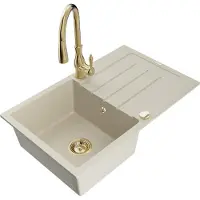 Mexen Bruno granieten gootsteen 1-komorige met afdruiprek en keukenmengkraan Savita, beige - 6513-69-672601-50