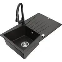 Mexen Cesar granieten gootsteen met 1 bak met afdruiprek en keukenmengkraan Elia, zwart/goud metallic - 6514-75-670101-70