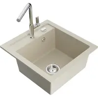 Mexen Vito granieten gootsteen 1-komorige met keukenmengkraan Flora, beige - 6503-69-670401-00