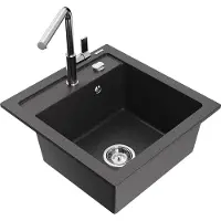 Mexen Vito granieten spoelbak 1-komoers met keukenkraan Flora, zwart gespikkeld - 6503-76-670401-00