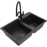 Mexen Tomas dubbele granieten gootsteen met Duo keukenkraan, zwart/zilver metallic - 6516-73-671701-70-B