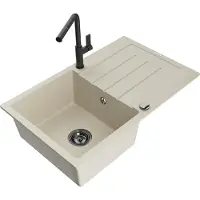 Mexen Bruno granieten gootsteen 1-komorige met afdruiprek en keukenkraan Flora, beige - 6513-69-670401-70-B