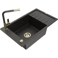 Mexen Elias granieten spoelbak 1-komorige met afdruiprek en keukenmengkraan Flora, zwart/gouden metallic - 6511-75-670401-57-G