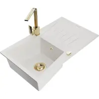 Mexen Cesar granieten spoelbak 1-kompartment met afdruiprek en keukenmengkraan Rita, wit - 6514-20-670300-50