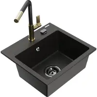 Mexen Milo granieten gootsteen 1-komor met keukenkraan Flora, zwart/goud metallic - 6505-75-670401-57-B
