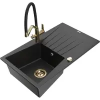 Mexen Cesar granieten gootsteen 1-komors met afdruipplank en keukenmengkraan Duo, zwart/zilver metallic - 6514-73-671701-57-G