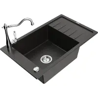 Mexen Elias granieten spoelbak 1-komerig met afdruiprek en keukenkraan Carla, zwart/goud metallic - 6511-75-670700-00