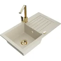 Mexen Pablo granieten spoelbak 1-komerig met afdruiprek en keukenmengkraan Rita, beige - 6510-69-670300-50