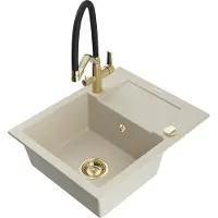 Mexen Enzo granieten spoelbak met een enkele kom met afdruiprek en Duo keukenmengkraan, beige - 6506-69-671701-57-G