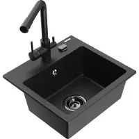 Mexen Milo granieten spoelbak met 1 kom en Duero keukenkraan, zwart/zilver metallic - 6505-73-671600-70-B
