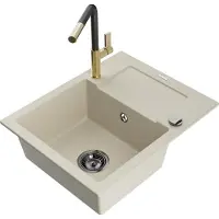 Mexen Enzo granieten spoelbak met 1 kom met afdruiprek en keukenkraan Flora, beige - 6506-69-670401-57-B