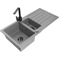 Mexen Andres granieten spoelbak 1,5-kamer met afdruiprek en Rita keukenarmatuur, grijs - 6515-71-670300-70-B