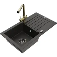 Mexen Pablo granieten gootsteen 1-bak met afdruiprek en keukenmengkraan Duero, zwart/goud metallic - 6510-75-671600-50-B