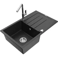 Mexen Bruno granieten spoelbak met 1 bak, afdruiprek en Flora keukenkraan, zwart/zilver metallic - 6513-73-670401-00