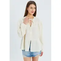 MixRay Lange Mouwen Losse Blouse met Strikhals