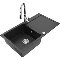 Mexen Leo granieten spoelbak 1-kamer met druiprek en keukenmengkraan Savita, zwart/zilver metallic - 6501-73-672601-00