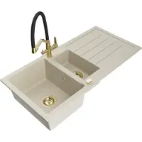 Mexen Andres granieten spoelbak 1,5-komorige met afdruiprek en keukenkraan Duo, beige - 6515-69-671701-57-G