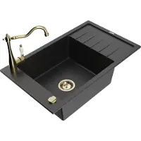 Mexen Elias granieten spoelbak 1-komorig met afdruiprek en keukenkraan Carla, zwart/zilver metallic - 6511-73-670700-50