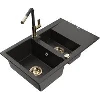 Mexen Gaspar granieten gootsteen 1,5-komor met afdruiprek en keukenmengkraan Flora, zwart/goud - 6507-75-670401-57-G