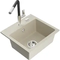 Mexen Milo granieten gootsteen met 1 kom en Flora keukenkraan, beige - 6505-69-670401-07