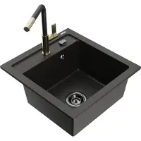 Mexen Vito granieten spoelbak 1-komerig met keukenkraan Flora, zwart/goud metallic - 6503-75-670401-57-B