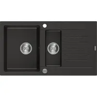 Mexen Matias granieten gootsteen 1,5-baks met afdruiprek 900 x 505 , zwart/goud metallic, chroom sifon - 6502901505-75