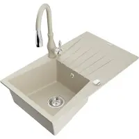 Mexen Cesar granieten gootsteen 1-baks met afdruiprek en keukenmengkraan Savita, beige - 6514-69-672601-69