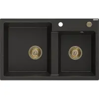Mexen Tomas granieten spoelbak met 2 kamers 800 x 500 , zwart/goud metallic, gouden sifon - 6516802000-75-G