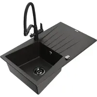 Mexen Cesar granieten gootsteen 1-komor met afdruipblad en keukenkraan Duo, zwart/gouden metallic - 6514-75-671701-70-B