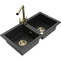 Mexen Mario granieten gootsteen met 2 kamers en keukenkraan Duero, zwart/zilver metallic - 6504-73-671600-50