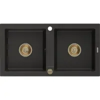 Mexen Mario granieten gootsteen 2-kamer 820 x 436 , zwart/goud metallic, gouden sifon - 6504822000-75-G