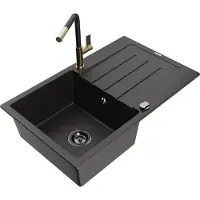 Mexen Bruno granieten gootsteen 1-komorige met afdruiprek en keukenmengkraan Flora, zwart/goud metallic - 6513-75-670401-57-B