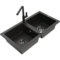 Mexen Mario granieten gootsteen met 2 compartimenten en Flora keukenmengkraan, zwart/goud metallic - 6504-75-670401-70-B