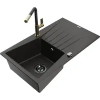 Mexen Cesar granieten gootsteen met 1 kom en afdruiprek en Flora keukenmengkraan, zwart/goud metallic - 6514-75-670401-57-B