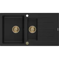 Mexen Matias granieten gootsteen met 1,5 kamers en afdruipplaat 900 x 505 , zwart, gouden sifon - 6502901505-77-G