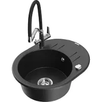 Mexen Kevin granieten spoelbak 1-komoer met keukenmengkraan Duo, zwart/zilver metallic - 6517-73-671701-07
