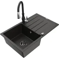 Mexen Bruno granieten gootsteen 1-komor met afdruiprek en keukenmengkraan Savita, zwart/goud metallic - 6513-75-672601-70-B