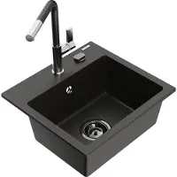 Mexen Milo granieten gootsteen 1-komorige met keukenmengkraan Flora, zwart/goud metallic - 6505-75-670401-07-B