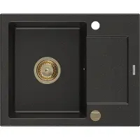 Mexen Enzo granieten gootsteen 1-kompartment met afdruiprek 576 x 465 , zwart/goud metallic, gouden sifon - 6506571005-75-G