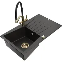 Mexen Cesar granieten spoelbak 1-komerig met afdruipplaat en keukenkraan Duo, zwart/gouden metallic - 6514-75-671701-57-G