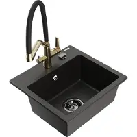 Mexen Milo granieten spoelbak 1-komerig met Duo keukenkraan, zwart/gouden metallic - 6505-75-671701-57-B