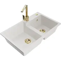 Mexen Tomas granieten spoelbak met 2 kamers met keukenkraan Rita, wit - 6516-20-670300-50
