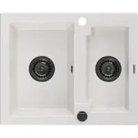 Mexen Carlos 1,5-komorige granieten gootsteen 582 x 475 , wit, zwarte sifon - 6518581500-20-B