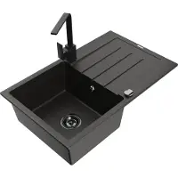 Mexen Bruno granieten gootsteen 1-komers met afdruiprek en keukenmengkraan Rita, zwart/goud metallic - 6513-75-670300-70-B